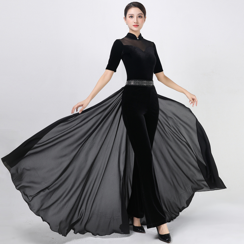 Instructor's Body Training Clothing Spring and Summer Mid-Sleeve Velvet Etiquette Dance Suit Model Runway Waist Cincher with Flowing Tulle