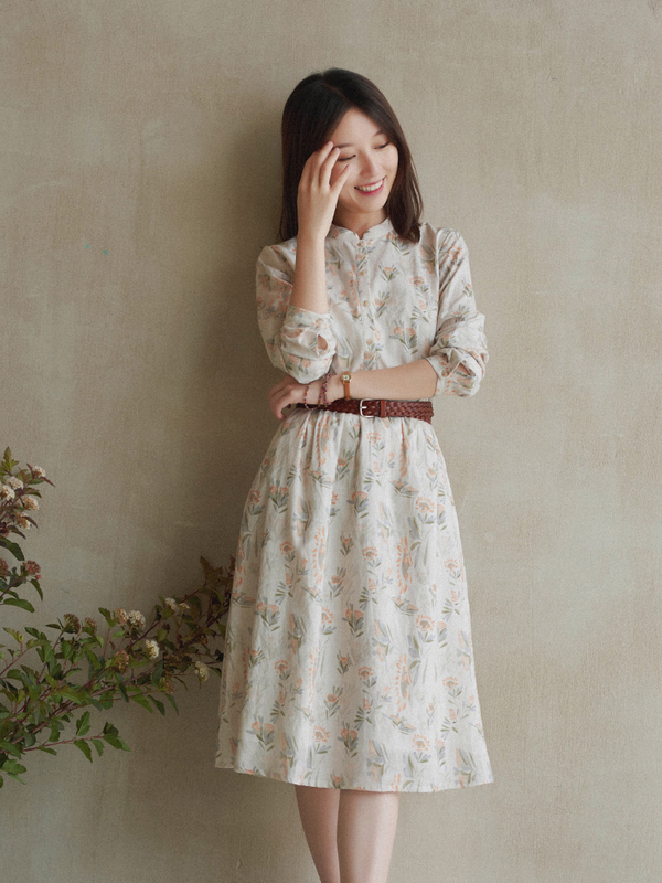 19Qdc-038【Fragrant and Timeless】Past and Present Retro X-Shaped Slim Fit Stand Collar Printed Dress