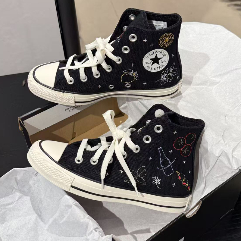 Authentic Converse Allstar Black High-Top Canvas Shoes with Fun Embroidered Patterns A16680C Authentic Converse Allstar Black High-Top Canvas Shoes with Fun Embroidered Patterns A16680C