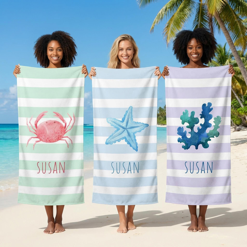 Personalized Marine Animal Striped Beach Towel with Customizable Name, Children's Cartoon Bath Towel for Seaside Vacation and Swimming Pool
