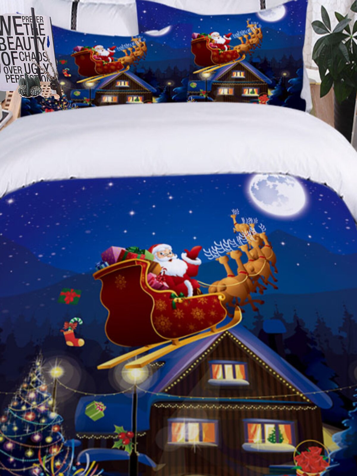 Santa Elk three-piece bedding set Christmas gift 3D digital printing quilt cover pillowcase quilt cover sheet