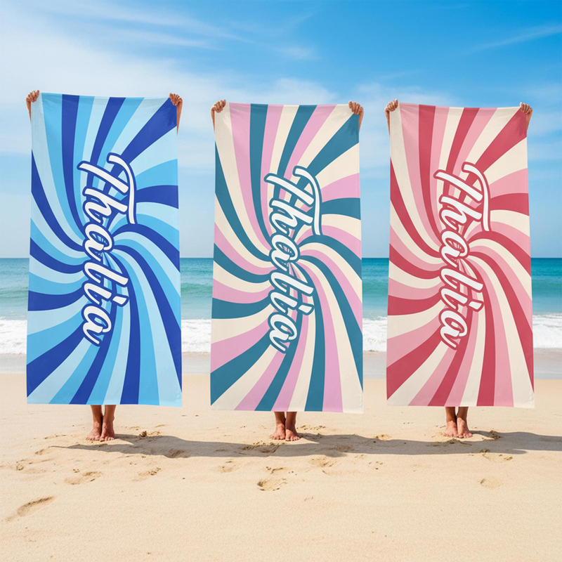 Customized Beach Towel with Vintage Style Name, Large Bath Towel for Seaside Vacation Photos, Summer Travel Gift