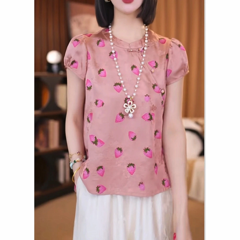 New Chinese Style Rayon Silk Cloud Yarn Strawberry Print Short-Sleeved Shirt for Women 2026 Summer Versatile Slimming Imitation Silk Top