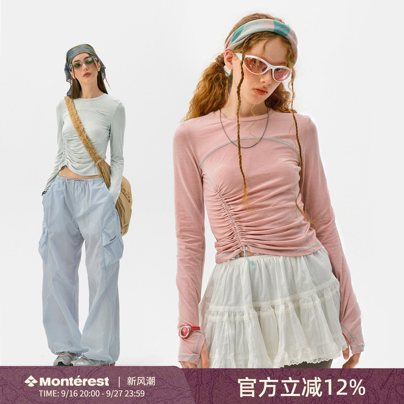 Instant Mountain Monrest Outdoor 5A Antibacterial Wool Blend Base Layer Ruched Slim Fit Long Sleeve Crew Neck T-Shirt for Women