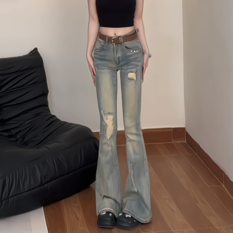 Ripped Heart Rivet Embroidered Low-Waist Flared Jeans for Women 2025 Autumn New Design Slimming Long Pants