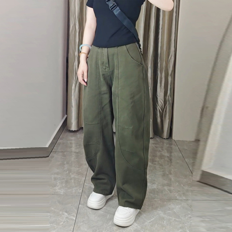 American-Style Military Green Curved Hem Jeans for Women, 2025 Autumn New Loose Drape Slimming Floor-Length Workwear Wide-Leg Pants