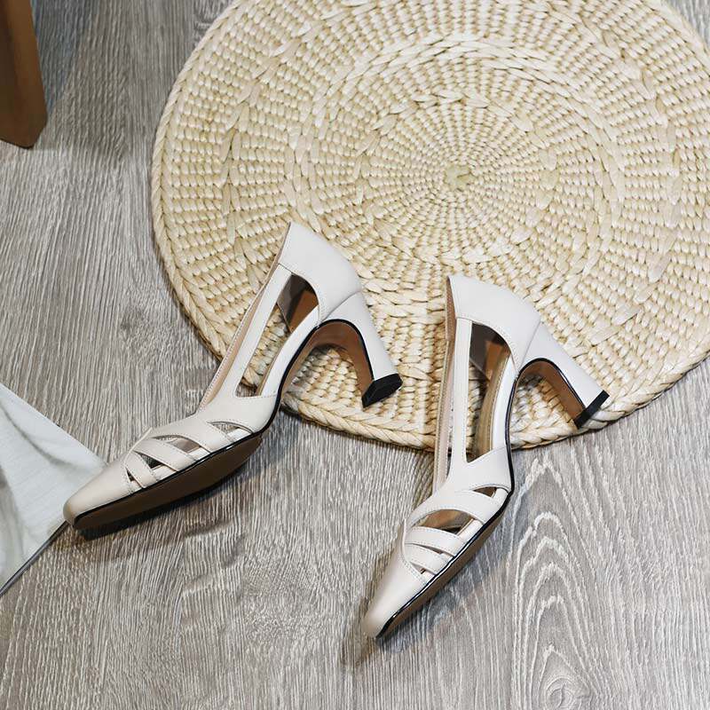 Brown high-heeled sandals women's net red fairy shoes European style leather hollow square toe shoes breathable four seasons shoes