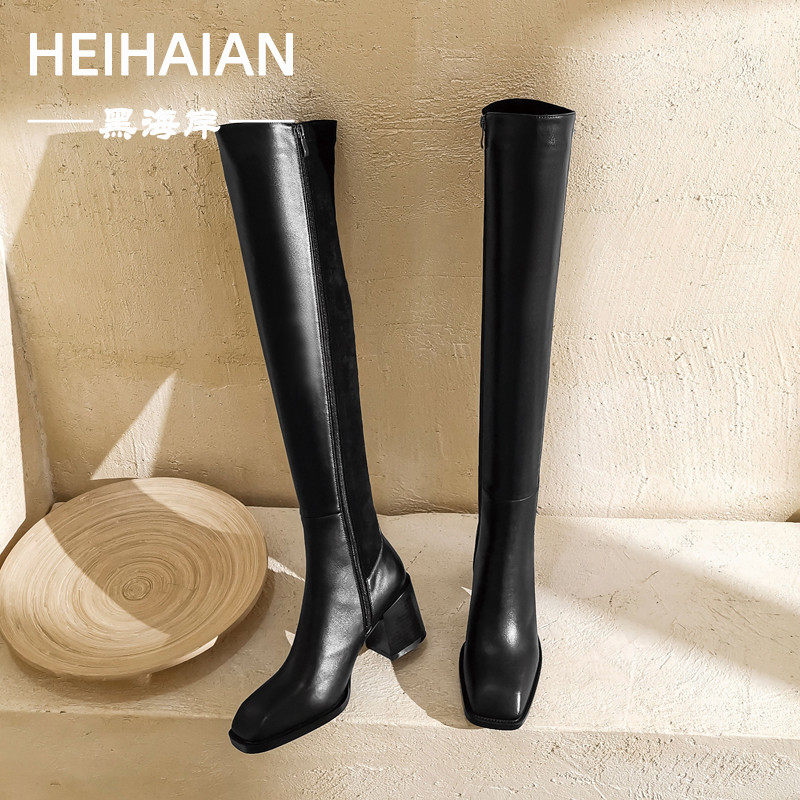 Leg fine over-the-knee boots thin leg elastic boots 2021 popular shoes square toe personality boots women's chunky heels all-match