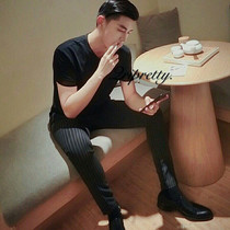 Male Korean version of elastic slim slim vertical stripes casual trousers business dress straight tube size gray non-iron trousers