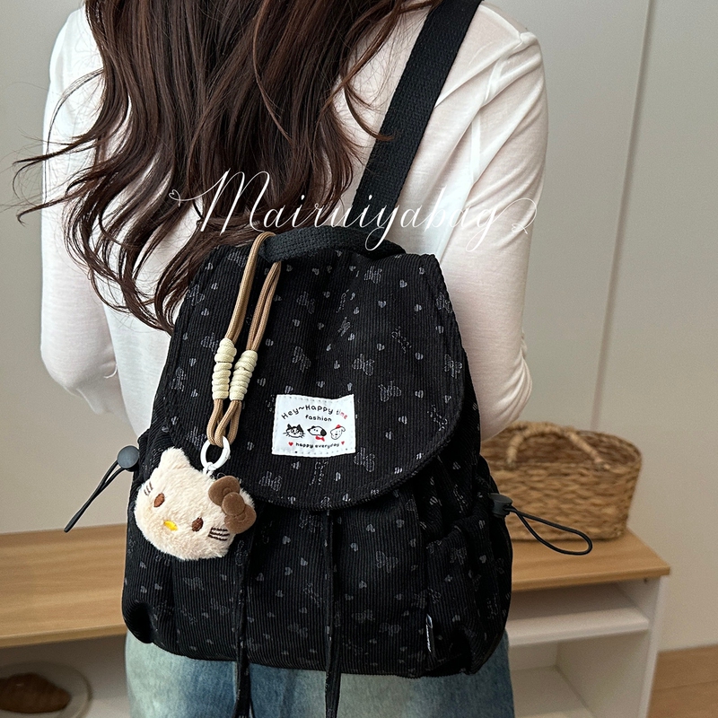 Corduroy Korean-Style Simple and Stylish Backpack for Women, Sweet and Niche, Versatile, Lightweight Drawstring Commuter Backpack for Students