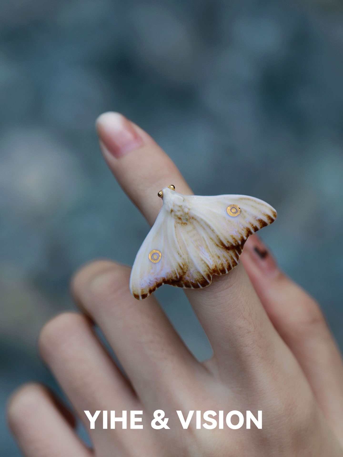 YIHE Yihe original design Ember Frost Moth yellow and blue moth versatile daily literary and artistic ceramic ring