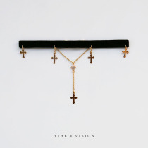 YIHE original design intellectual lady black double-sided velvet cross opal long neck choker