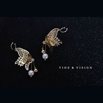 YIHE (floating)new gentle crystal pearl butterfly metal 925 silver ear stud ear hook