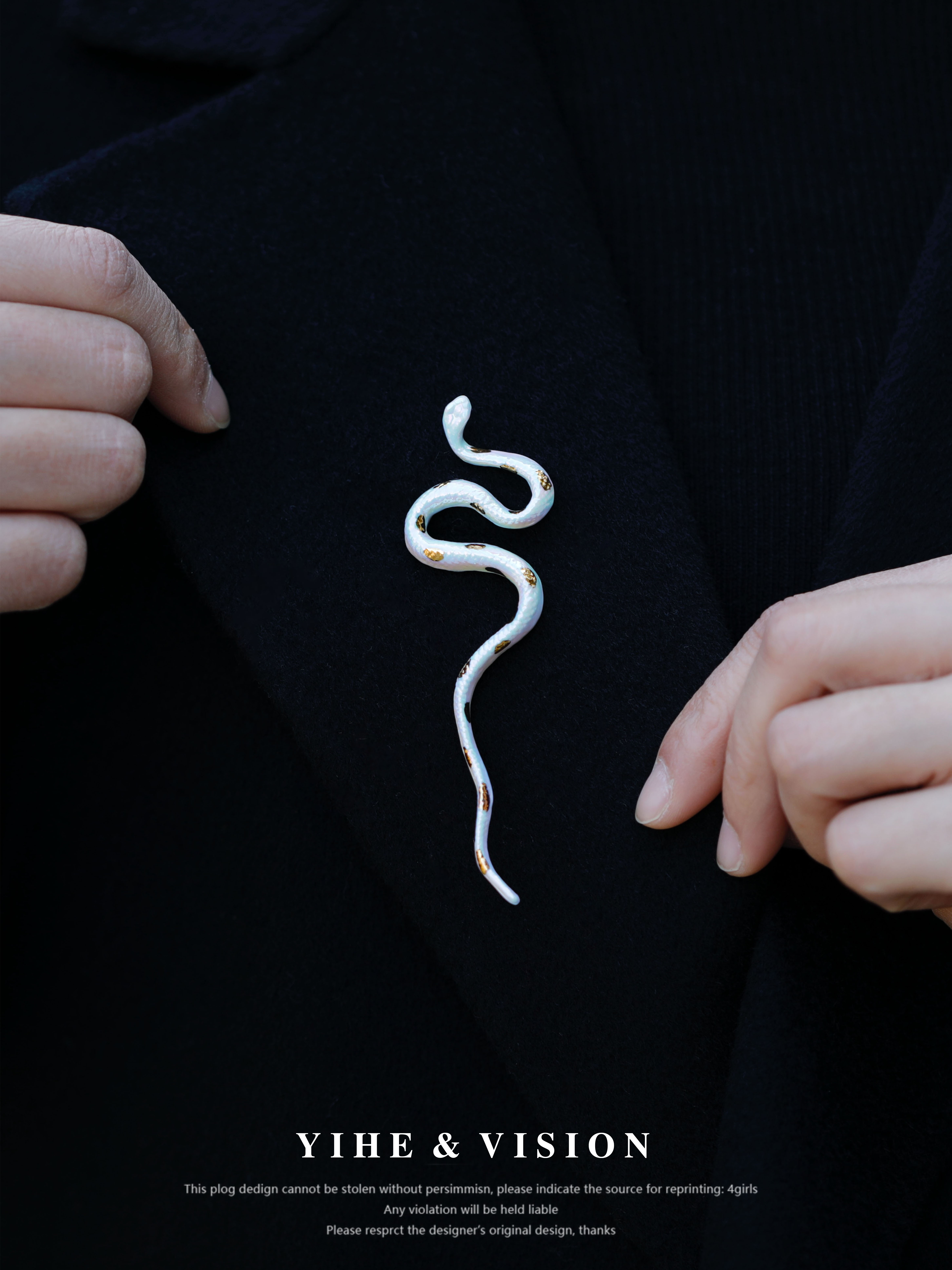 YIHE Original Spotted Golden Snake Niche Art Unique Ceramic Snake Zodiac Year Coat Brooch for Men and Women