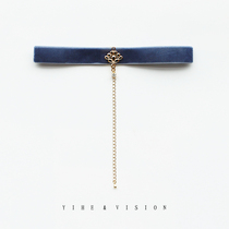 YIHE original design calm cold tone Navy blue retro court opal velvet choker temperament neck
