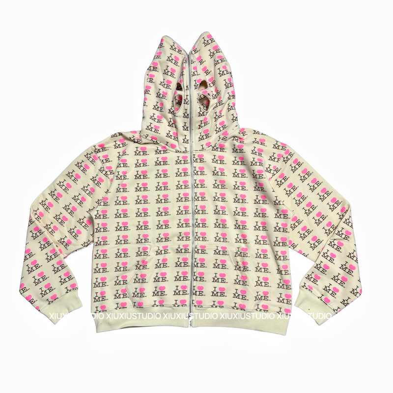 【Xiuxiustudio】American Retro Heart Print Thin Fleece Pink Casual Hoodie + Sweatpants Set Trendy
