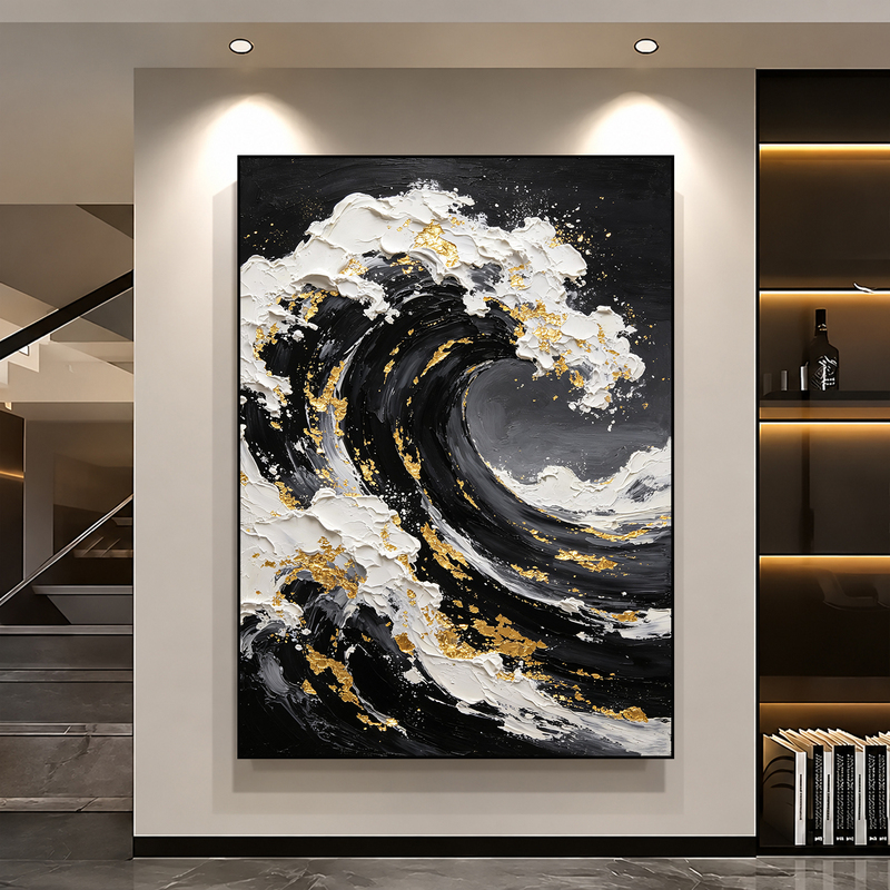 Hand-Painted Oil Painting "Sea Waves" Living Room Floor Painting Entrance Decoration Painting Modern Black and White Abstract Gold Foil Texture Hanging Painting Hand-Painted Oil Painting "Sea Waves" Living Room Floor Painting Entrance Decoration Painting Modern Black and White Abstract Gold Foil Texture Hanging Painting