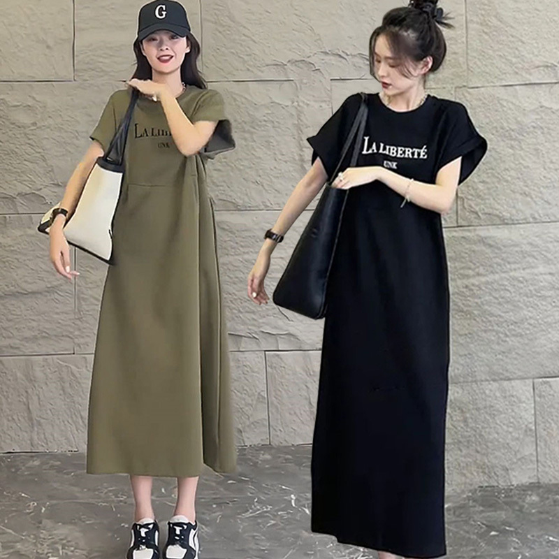 Plus Size 2026 Women's Summer Clothing for Fat Girls, Loose and Slimming French-Style Long T-Shirt Dress with Letters in Army Green 100kg