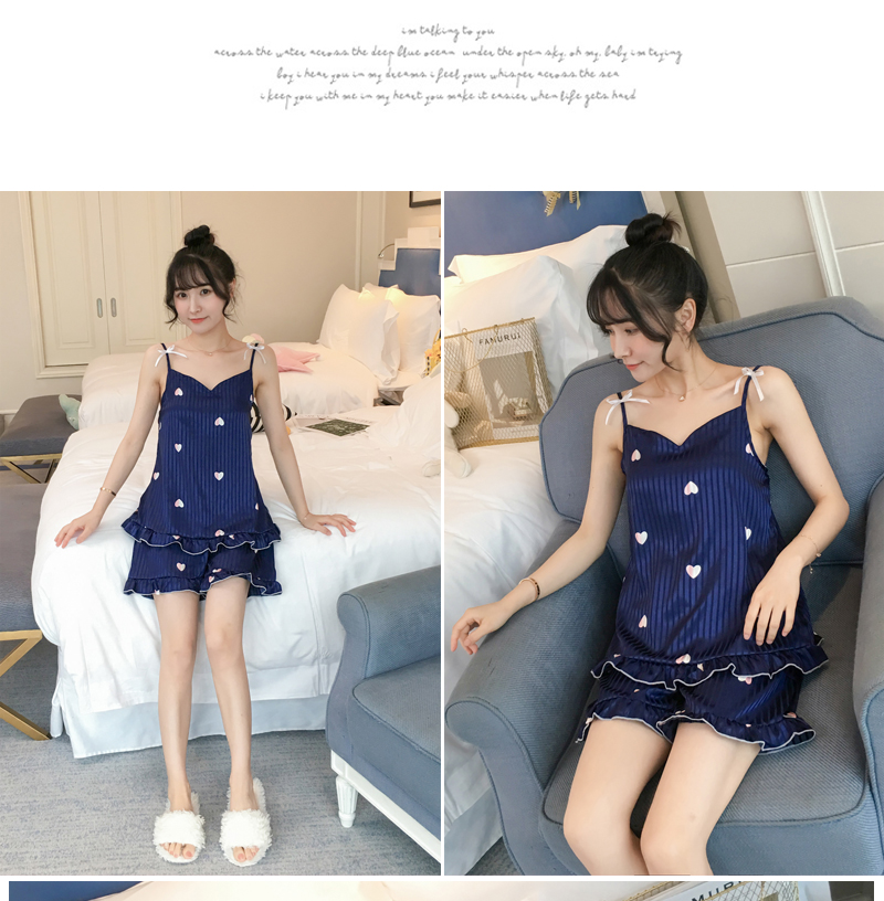 Bộ đồ ngủ mùa hè lụa lụa nữ tính sling bộ đồ hai mảnh ngọt ngào dễ thương ngắn tay công chúa lụa phục vụ nhà mỏng - Bên ngoài ăn mặc bộ khủng long