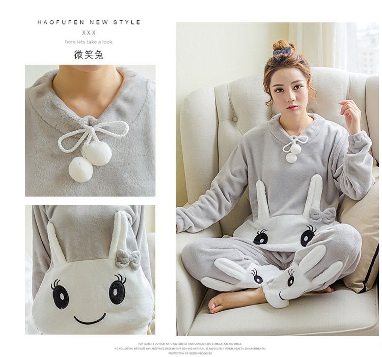 Đồ ngủ mùa đông Hàn Quốc dày lông cừu san hô nữ dài tay ấm flannel dịch vụ nhà có thể được mặc bên ngoài phù hợp với sinh viên đồ bộ