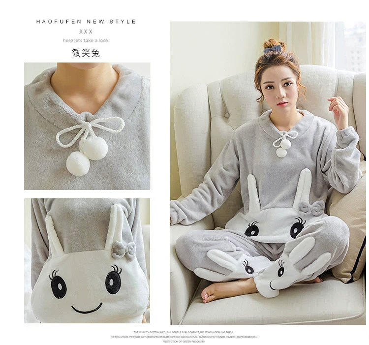 Đồ ngủ mùa đông Hàn Quốc dày lông cừu san hô nữ dài tay ấm flannel dịch vụ nhà có thể được mặc bên ngoài phù hợp với sinh viên