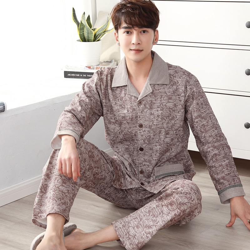 Mens đồ ngủ mùa xuân và mùa thu mens trung niên bộ đồ ngủ cotton bố tăng mã quần áo nhà cotton mùa hè mỏng.