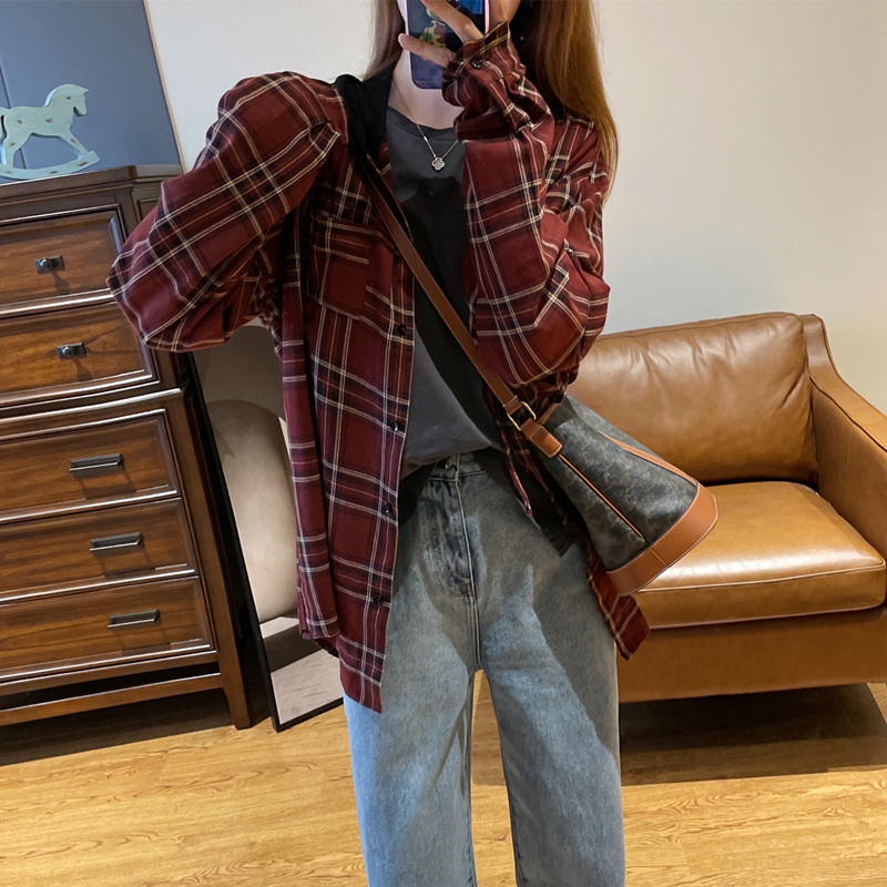 Self-reserved Korean style foreign style casual style hooded design long-sleeved plaid shirt jacket women's mid-length 2021 autumn style