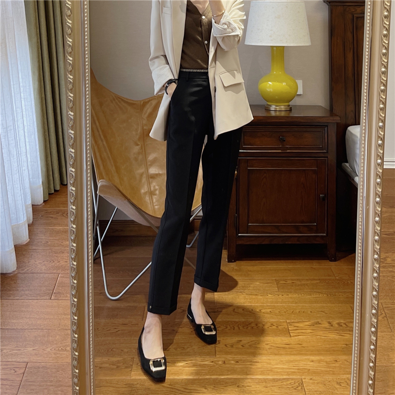 Roaring Recommended Giant Display Slim Fit Legs Straight Waist Head Embroidery Design Commuter Wind 90% High Waist West Dress Pants Lady Spring Autumn New