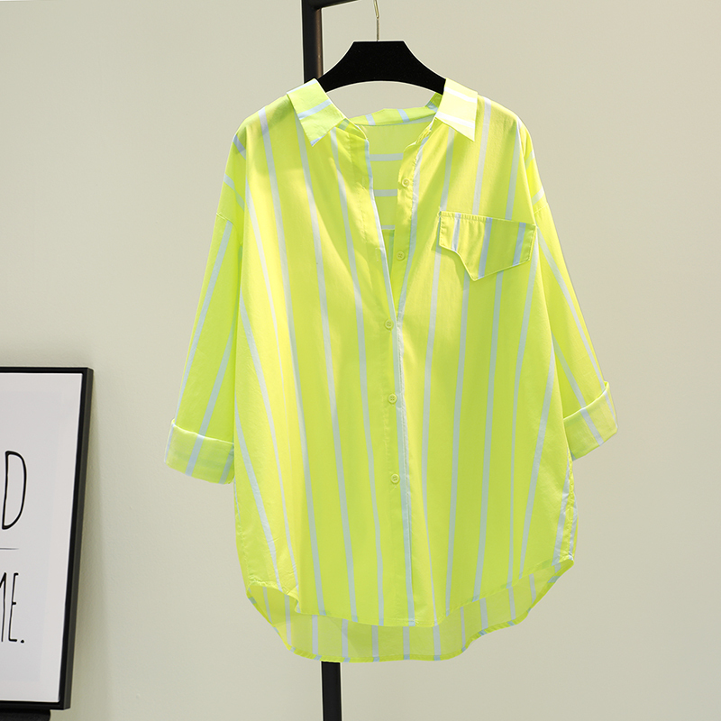 2023 Spring New Fruit Green Mid-Length Contrast Color Shirt Women's Korean Style Bf Shirt Casual Top Sun Protection Cardigan