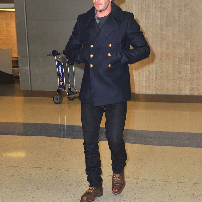 Autumn and Winter Double-Breasted Short Dark Blue Navy Coat, Winter Beckham Style Slim-Fit Men's Woolen Trench Coat, Large Size