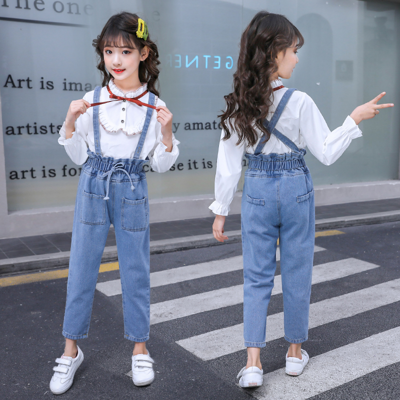 Girls hold baby bag pants suit 2022 new middle-aged children spring and autumn long-sleeved children's suit suspenders high waist trousers net red