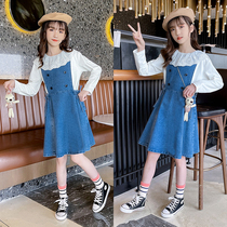 Girls autumn denim skirt new fashion Childrens autumn belt skirt Net red middle child long sleeve suspender skirt set