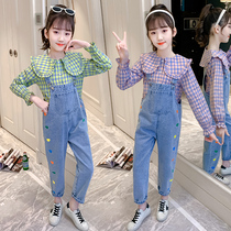 Girls denim straps autumn Net Red childrens trousers color love childrens spring suspenders pants loose