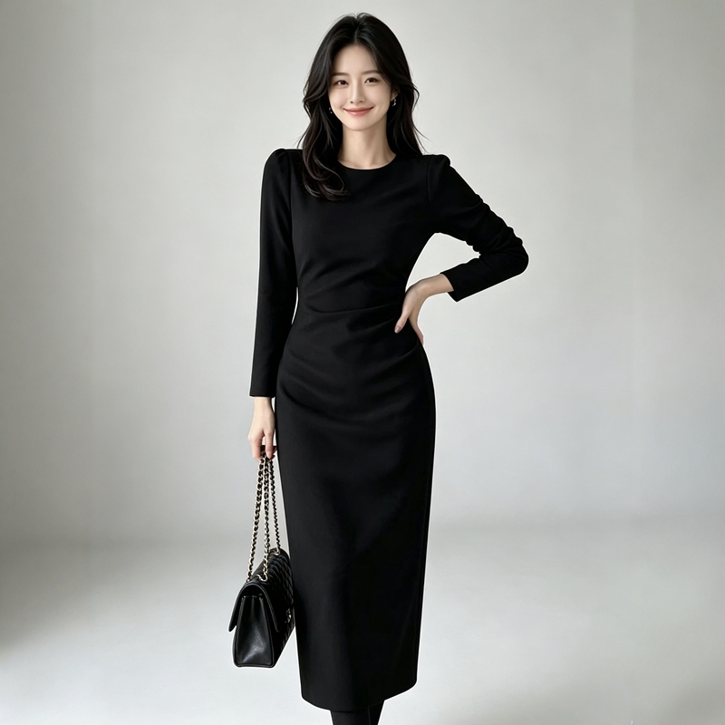 Autumn and Winter Light Luxury Elegant Style Round Neck Black Long-Sleeved Dress for Women, Waist-Cinching, Slim-Fitting, Hip-Hugging, Slimming, Long Elegant Dress