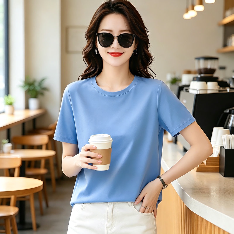 Light Blue Pure Cotton T-Shirt for Women, Short-Sleeved, Loose, Casual, Simple, Round Neck, Regular Shoulder, Solid Color T-Shirt, Summer Top