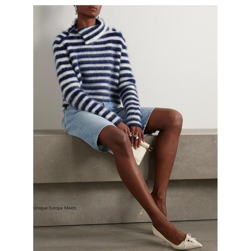 A Genuine Jacquemus Fleece Knitted Turtleneck Short Sweater with Striped Irregular Collar for Women