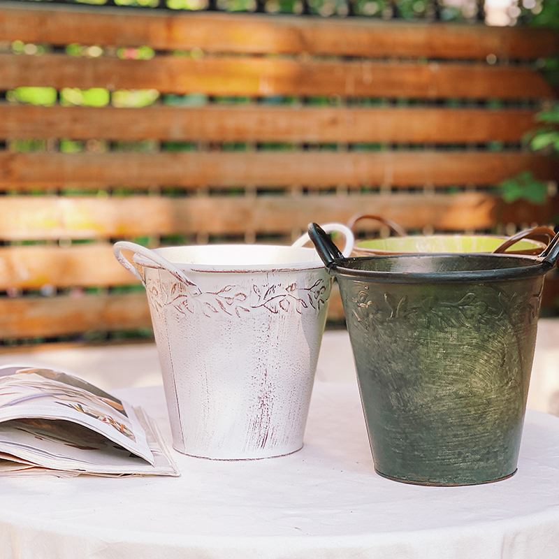 Iron Art Olive Branch Double Ear Iron Sheet Barrel Green Planting Flowers Potted Room Balcony Creative Round Iron Sheet Flower Pot Bucket