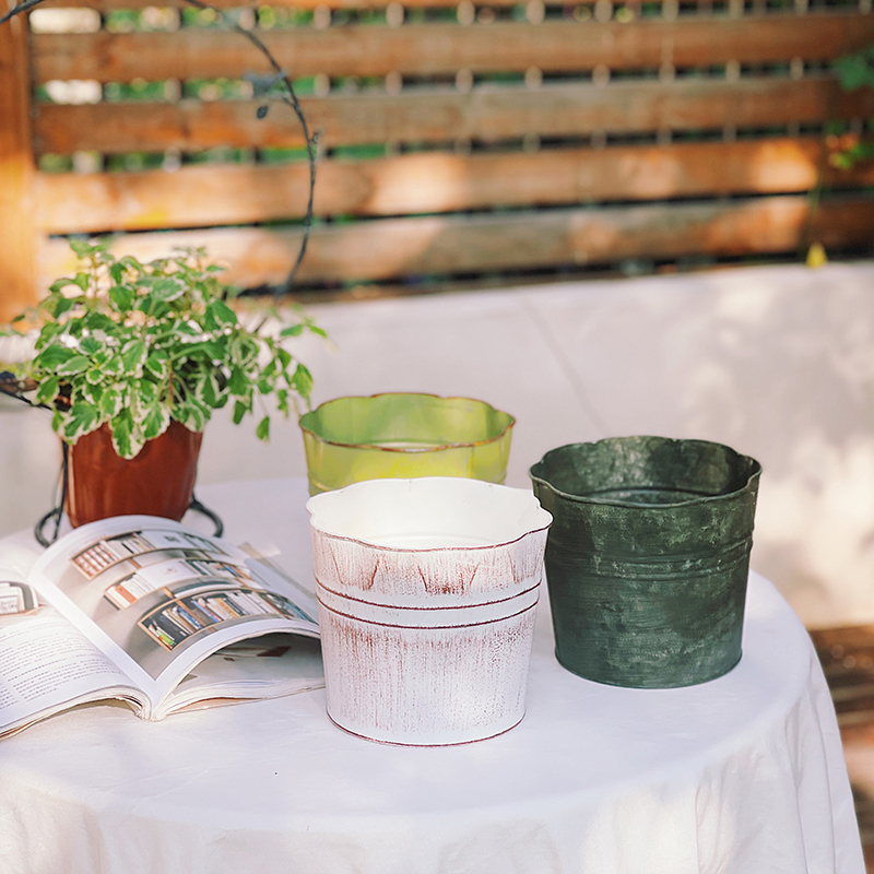 Iron Art Flowers Mouth sheet Tin Barrel Flowers Iron Barrel Shaped barrel Flower Shaped Mouth Indoor Balcony Garden Table Flower Pots