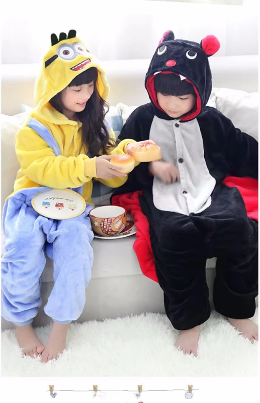 Winter Little Yellow Man Bat Animal Siamese Pyjama Áo dài Phim hoạt hình Mùa đông Trẻ em Mùa đông Bé trai và bé gái đồ ngủ nam hàn quốc