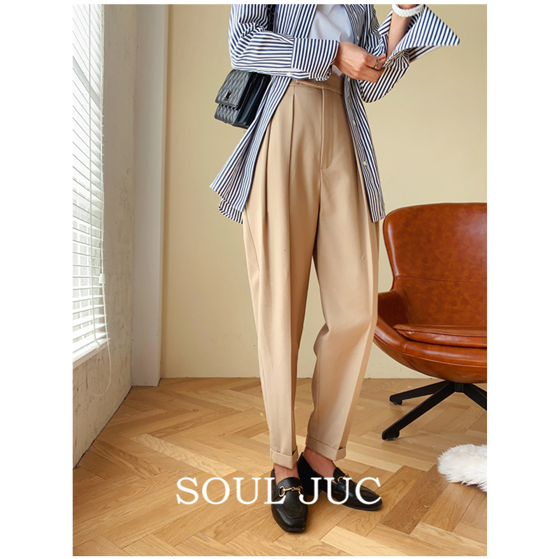 SOUL JUC worsted wool texture suit pants high waist nine points tapered pants slim cigarette pants women's pants