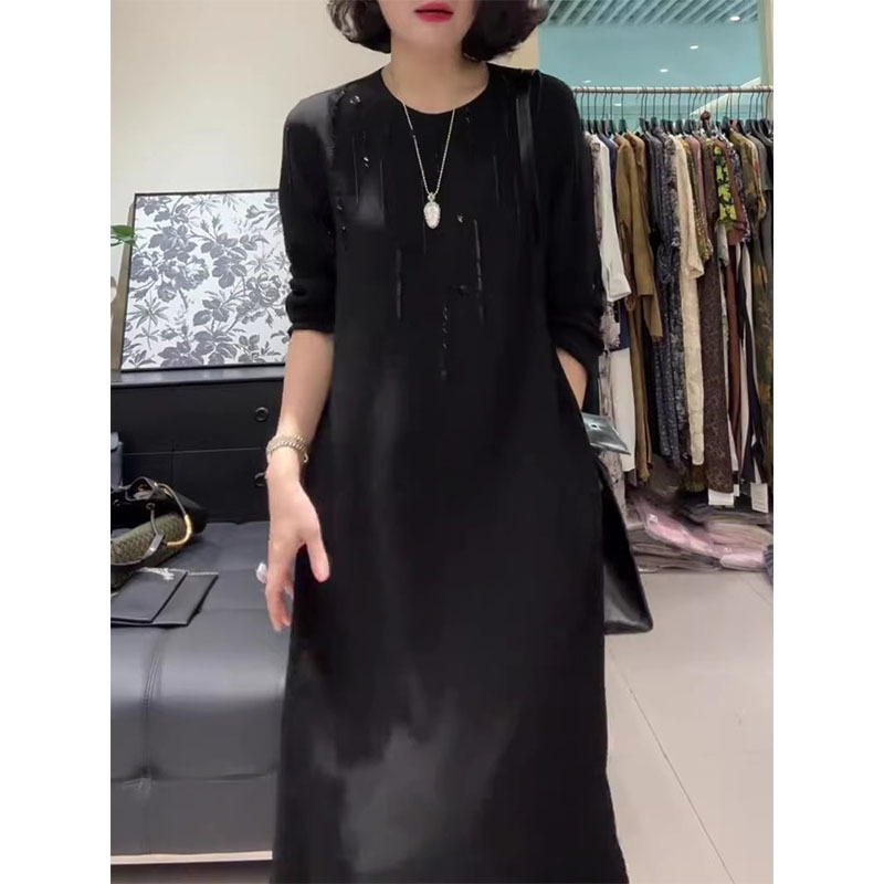 Exquisite and Fashionable Plus-Size Women's Clothing for Chubby Girls, Over-The-Knee Long-Sleeve Beaded Dress, Early Autumn New Long Dress