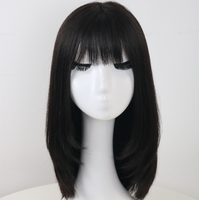Lace real hair delivery needle cover simulates human scalp natural lifelike broken bangs medium length slightly curly clavicle hair girl