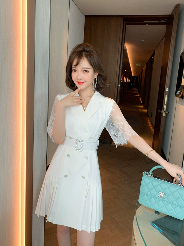 MIUCO phù hợp với cổ áo kim cương đôi ngực vành đai khâu ren váy xếp li nữ 2020 mùa hè mới - váy đầm