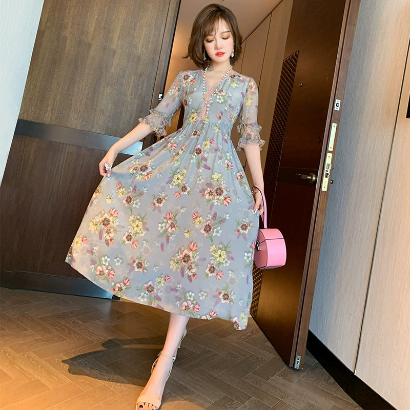 MIUCO sexy cổ chữ V khâu ren ống tay tai gỗ xếp ly đầm in họa tiết eo cao của phụ nữ mùa hè 2021 k - váy đầm