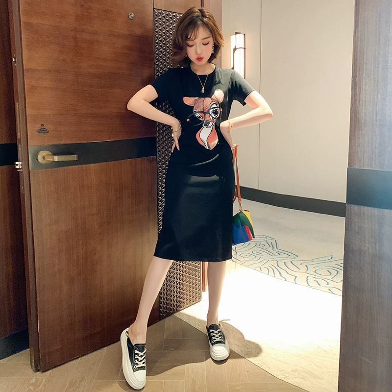 MIUCO dễ thương in hươu nai cổ tròn ngắn tay phù hợp váy đầm nữ mùa hè 2021 phong cách mới - váy đầm