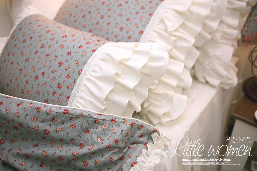 South Korea imported retro blue rose floral American pastoral wind ruffled wooden ear four-piece bedding
