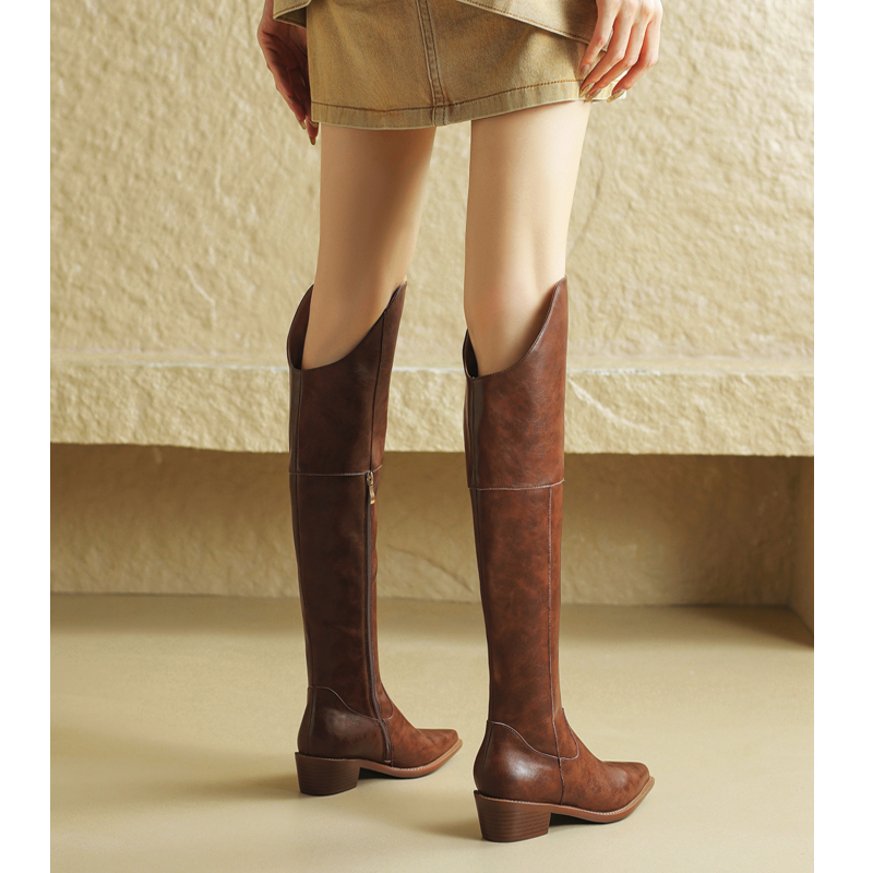 Women's Over-The-Knee High Boots, Chunky Heel Pointed Toe Western Cowboy Boots, Retro Wide Calf Boots for Women with Thick Legs