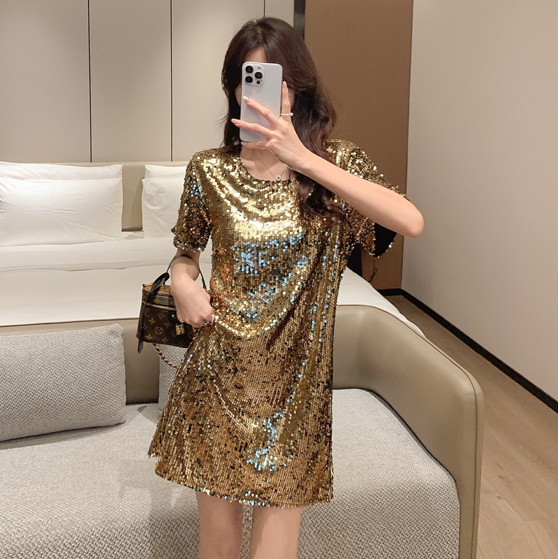 Plus-Size New Loose-Fit Round-Neck Party Short-Sleeve Dress with Heavy Embroidery and Sparkling Sequins 100kg