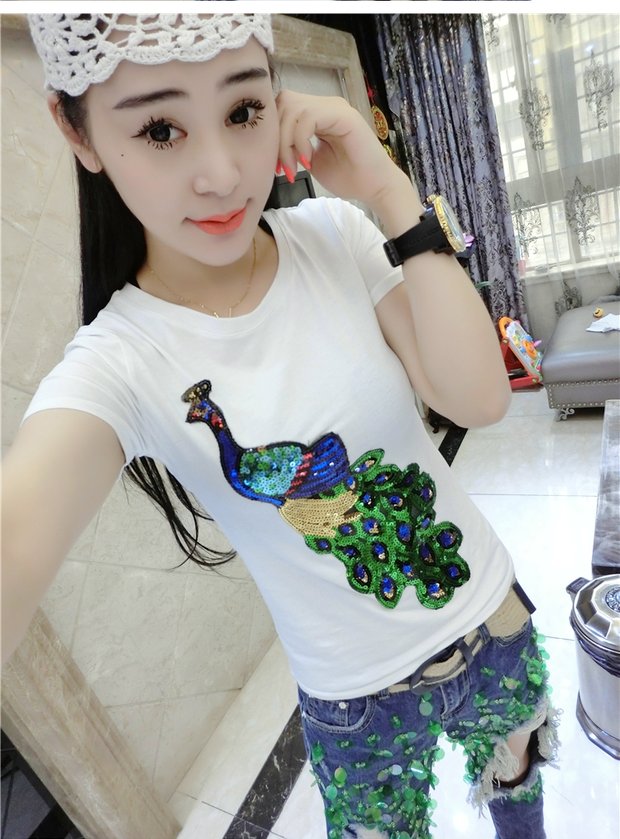 Siêu kích thước nữ béo mm2018 mùa hè mới 200 pounds chất béo chị công thêu sequin áo thun ngắn tay hàng đầu áo khoác mùa đông nữ