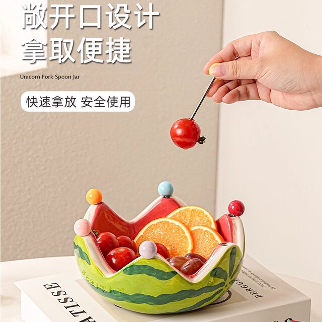 Ceramic creative watermelon fruit plate with fork for home living room fruit salad bowl cute stainless steel fork set